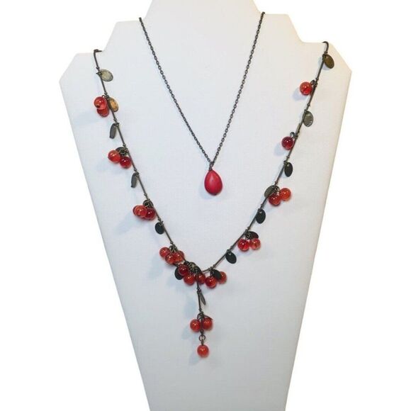 Vintage Cherry Red Ball Beaded Brass Y-Drop Layered Statement Necklace Set 28” - Picture 1 of 5